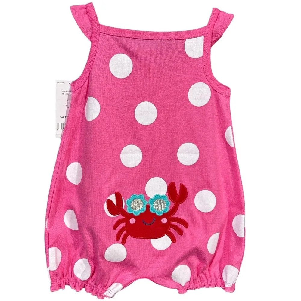 Carter's Baby Girls Cotton Romper One-Piece Outfit Size 6M Pink Polka‎ Dot Crab